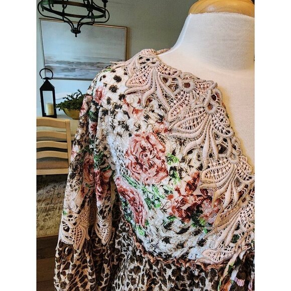 NJ Couture Bohemian People Boho Lace Leopard Floral Tassel Top Size‎ S/M Baydoll - Picture 7 of 12